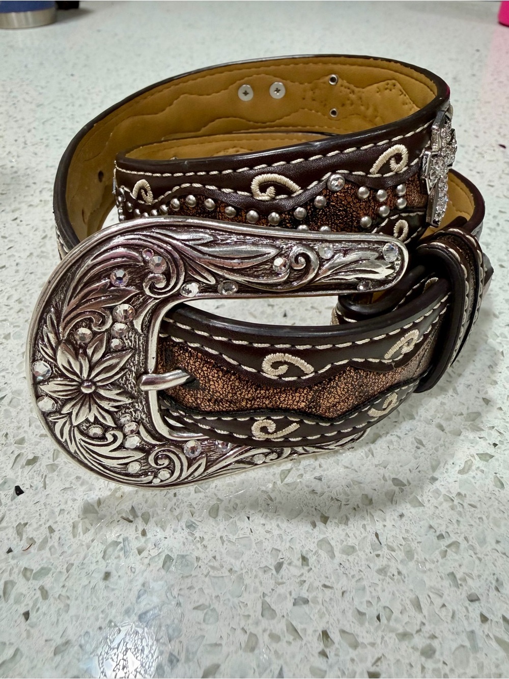 Ariat Girls Western Belt Sz 26 Rhinestone Cross Brown Metallic Bling Buckle